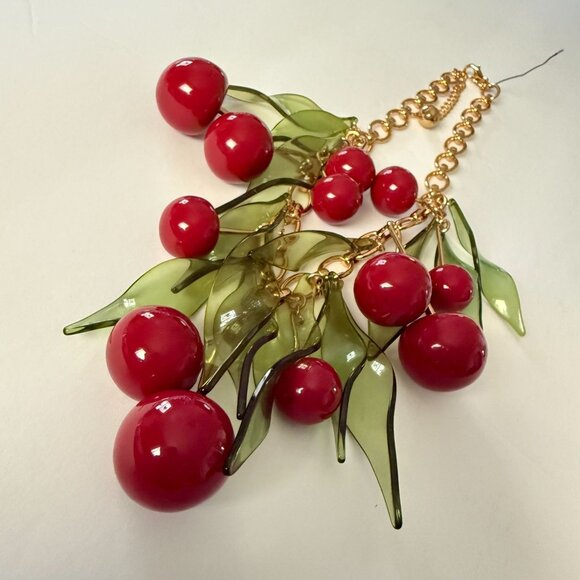 NWOT Rare Kate Spade Ma Cherie Gold Red Green Acrylic Cherry Statement Necklace - Picture 3 of 15